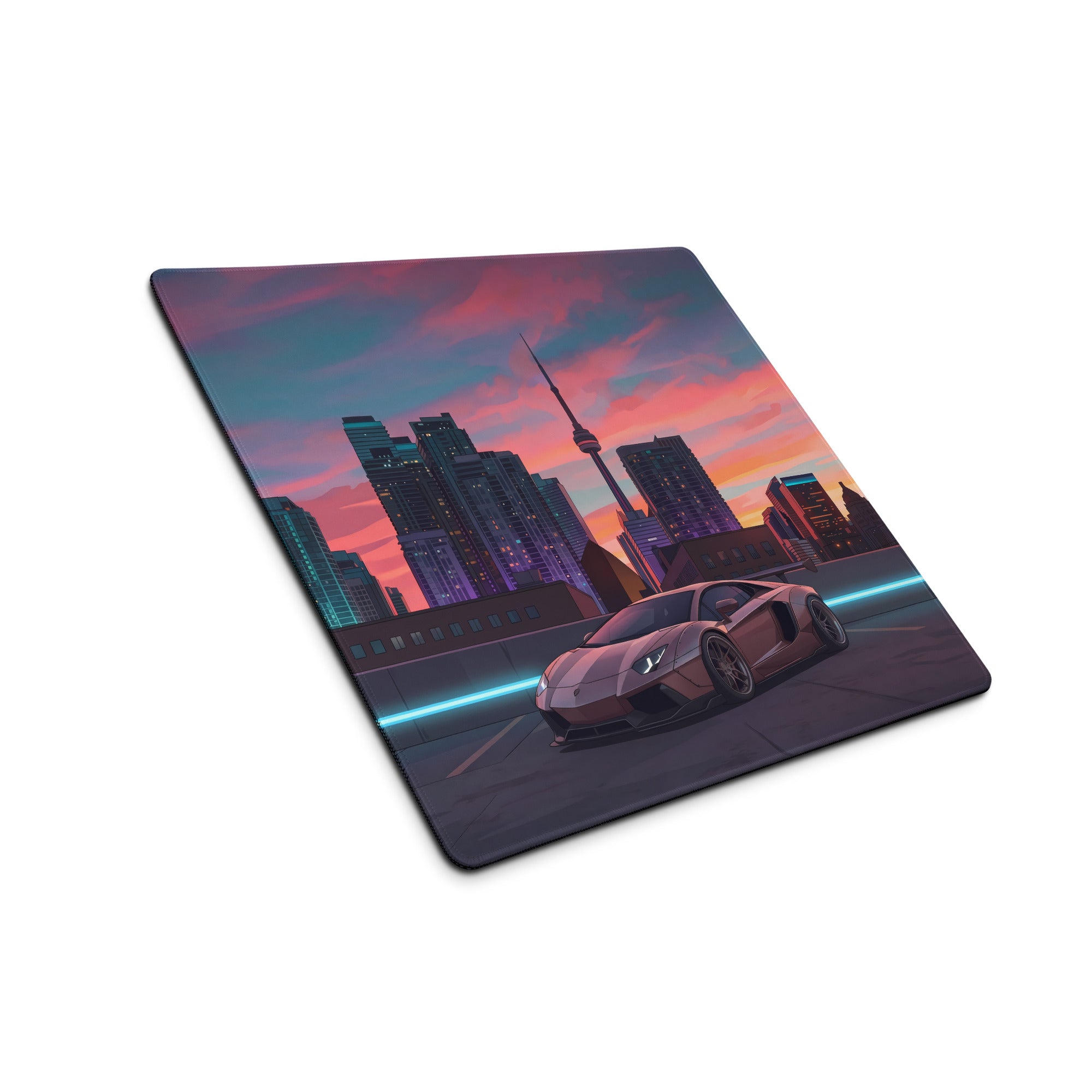 Lamborghini Aventador Inspired Rose Gold Vaporwave Gaming Mouse Pad – Toronto Sunset Skyline Desk Mat, Neon Urban Supercar Digital Artwork