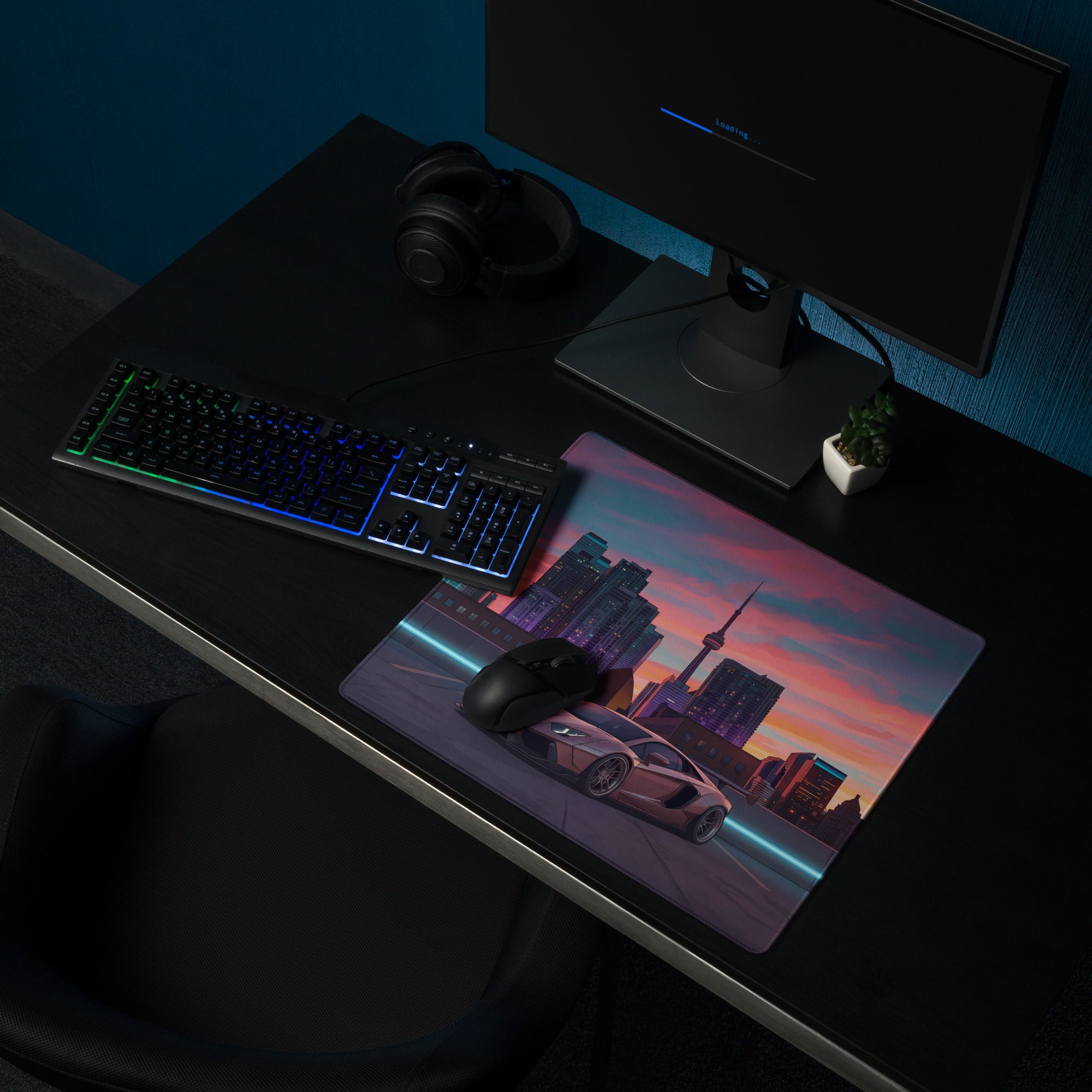 Lamborghini Aventador Inspired Rose Gold Vaporwave Gaming Mouse Pad – Toronto Sunset Skyline Desk Mat, Neon Urban Supercar Digital Artwork