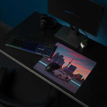 Lamborghini Aventador Inspired Rose Gold Vaporwave Gaming Mouse Pad – Toronto Sunset Skyline Desk Mat, Neon Urban Supercar Digital Artwork