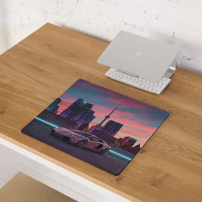 Lamborghini Aventador Inspired Rose Gold Vaporwave Gaming Mouse Pad – Toronto Sunset Skyline Desk Mat, Neon Urban Supercar Digital Artwork