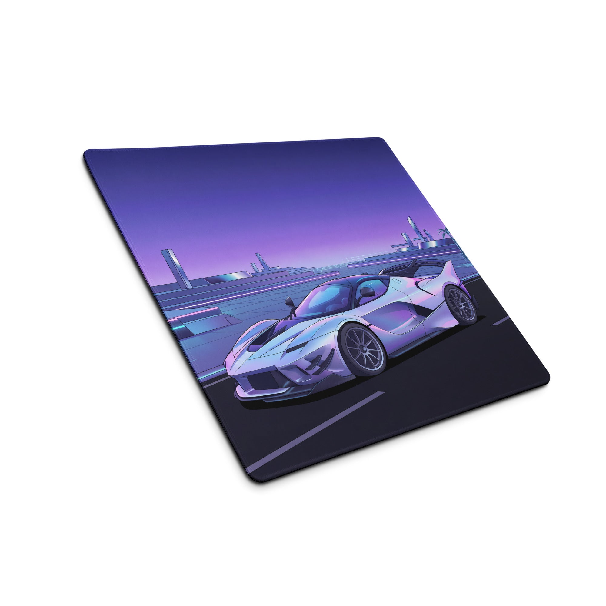 Ferrari FXX-K Evo Inspired White Purple Vaporwave Gaming Mouse Pad – Futuristic Neon Highway Desk Mat, Retro Hypercar Digital Artwork