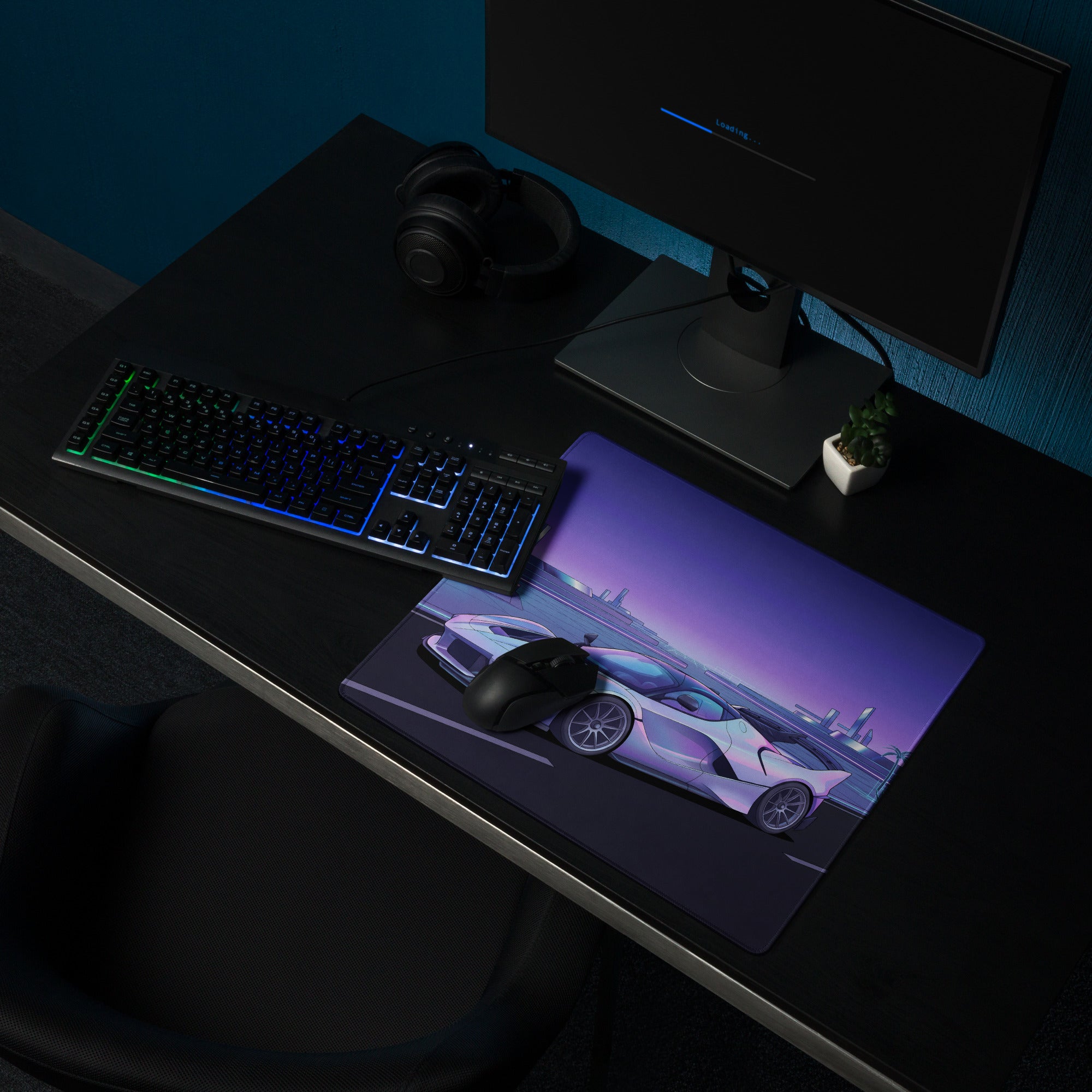 Ferrari FXX-K Evo Inspired White Purple Vaporwave Gaming Mouse Pad – Futuristic Neon Highway Desk Mat, Retro Hypercar Digital Artwork