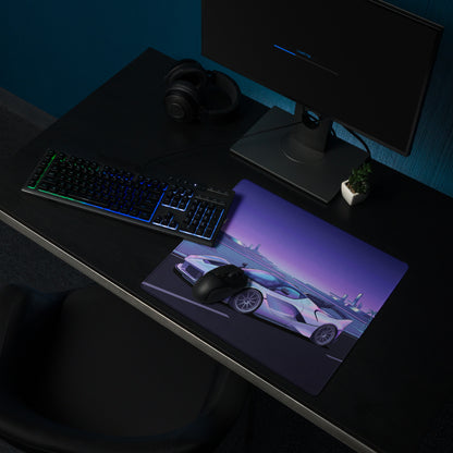 Ferrari FXX-K Evo Inspired White Purple Vaporwave Gaming Mouse Pad – Futuristic Neon Highway Desk Mat, Retro Hypercar Digital Artwork