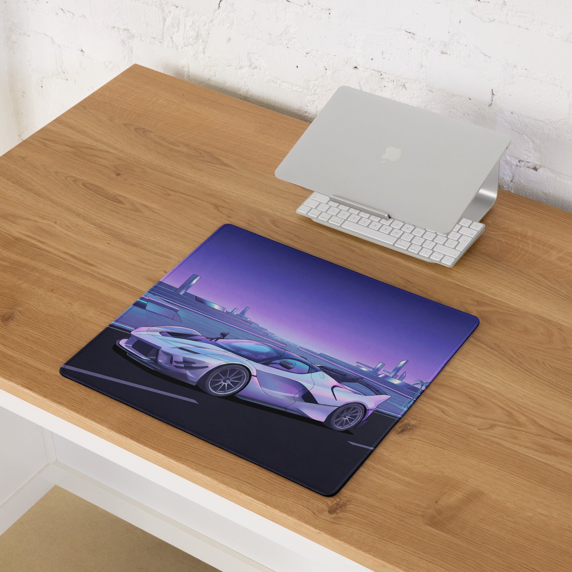 Ferrari FXX-K Evo Inspired White Purple Vaporwave Gaming Mouse Pad – Futuristic Neon Highway Desk Mat, Retro Hypercar Digital Artwork