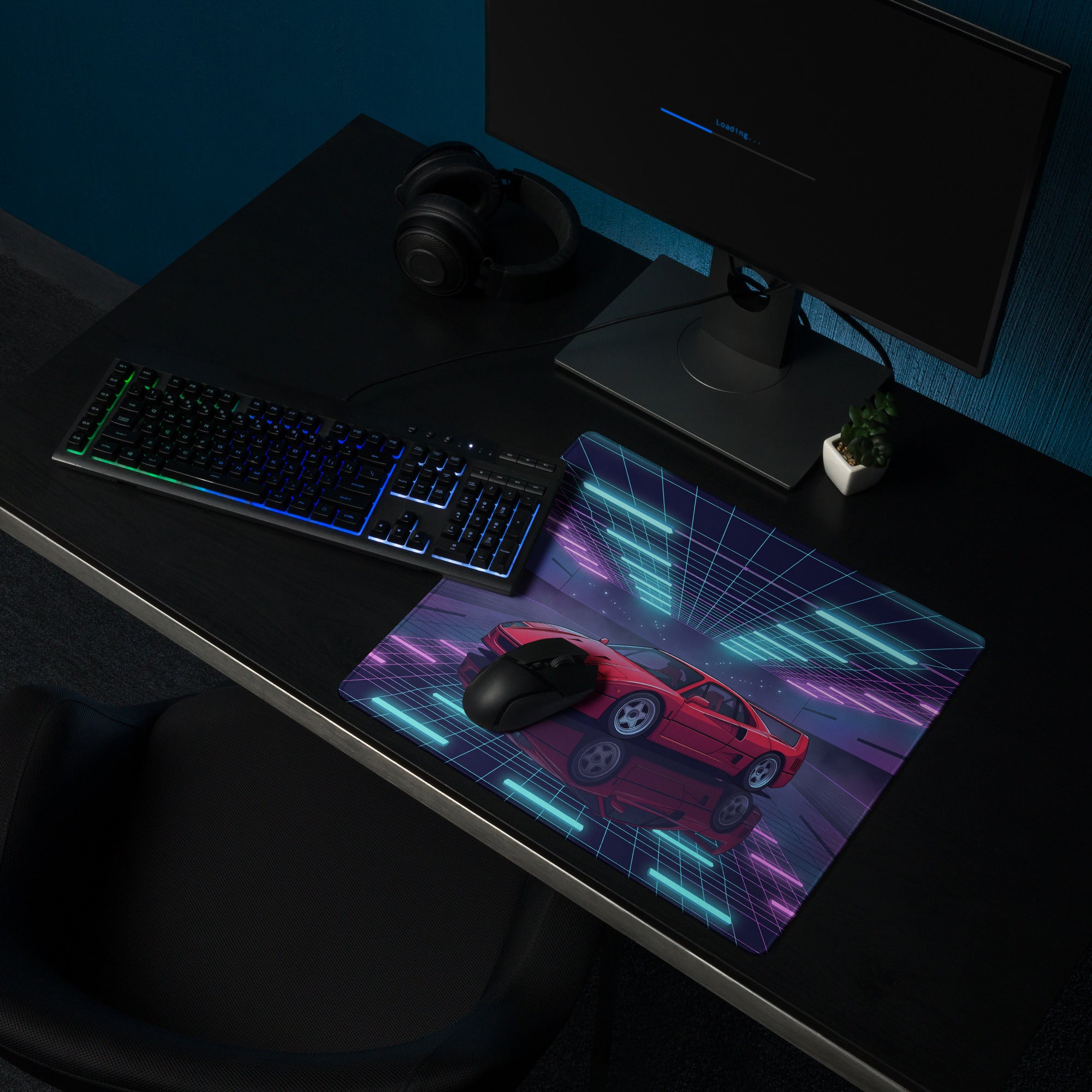 Ferrari F40 Inspired Red Cyan Vaporwave Gaming Mouse Pad – Neon Retro Garage Desk Mat, Futuristic Synthwave Supercar Digital Artwork