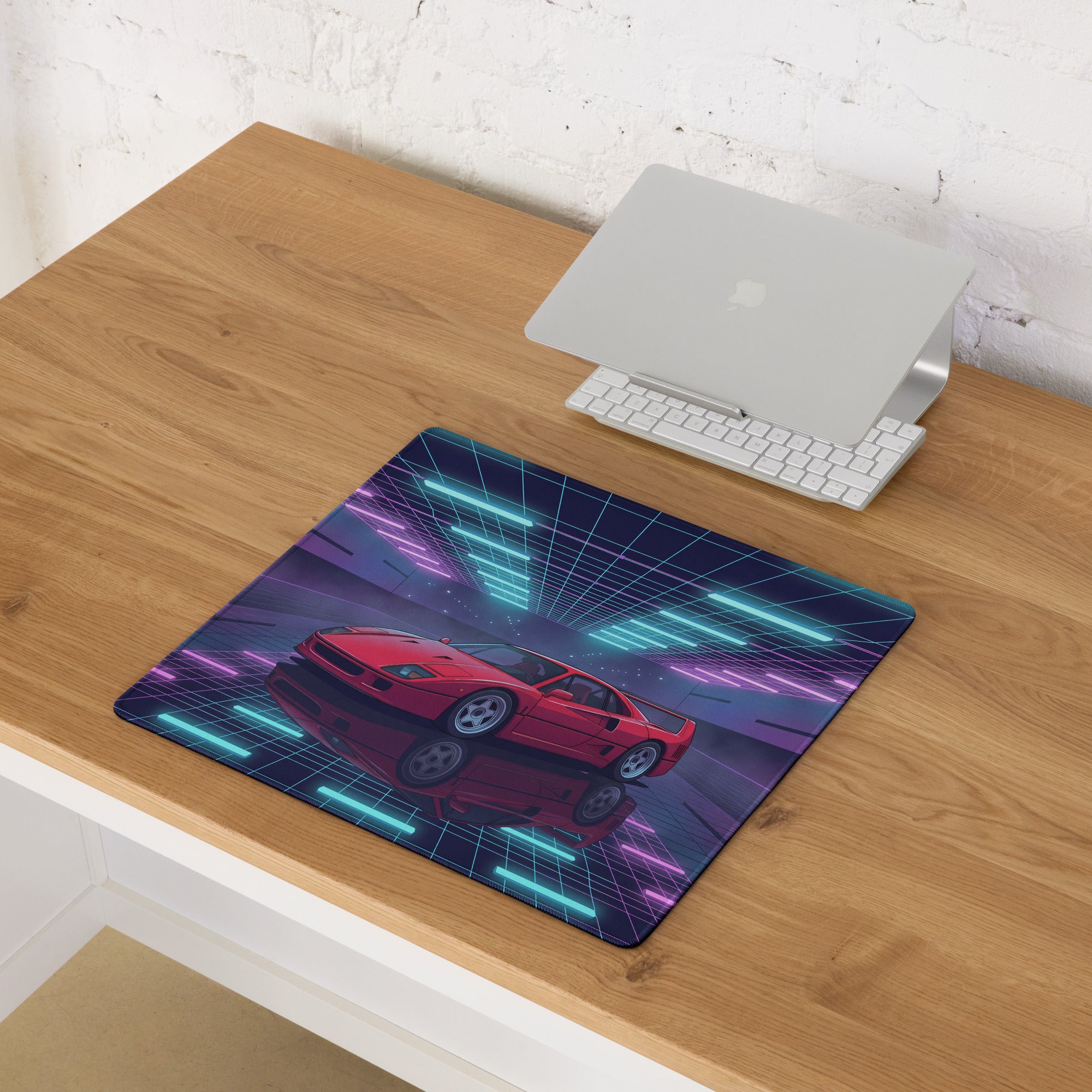 Ferrari F40 Inspired Red Cyan Vaporwave Gaming Mouse Pad – Neon Retro Garage Desk Mat, Futuristic Synthwave Supercar Digital Artwork