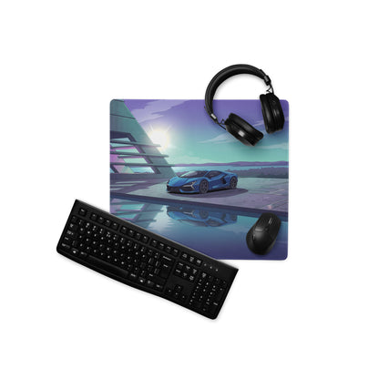 Lamborghini Revuelto Inspired Blue Purple Vaporwave Gaming Mouse Pad – Futuristic Coastal Architecture Desk Mat, Dreamy Synthwave Supercar Digital Art