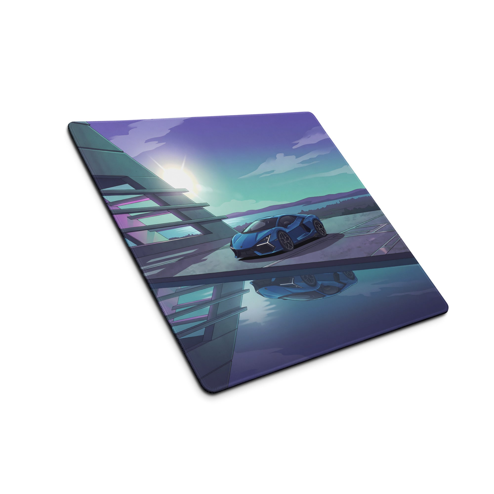 Lamborghini Revuelto Inspired Blue Purple Vaporwave Gaming Mouse Pad – Futuristic Coastal Architecture Desk Mat, Dreamy Synthwave Supercar Digital Art