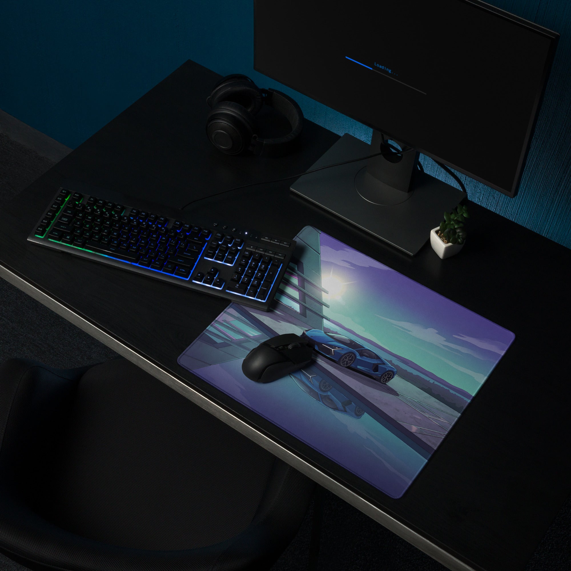 Lamborghini Revuelto Inspired Blue Purple Vaporwave Gaming Mouse Pad – Futuristic Coastal Architecture Desk Mat, Dreamy Synthwave Supercar Digital Art