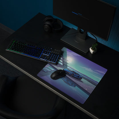 Lamborghini Revuelto Inspired Blue Purple Vaporwave Gaming Mouse Pad – Futuristic Coastal Architecture Desk Mat, Dreamy Synthwave Supercar Digital Art