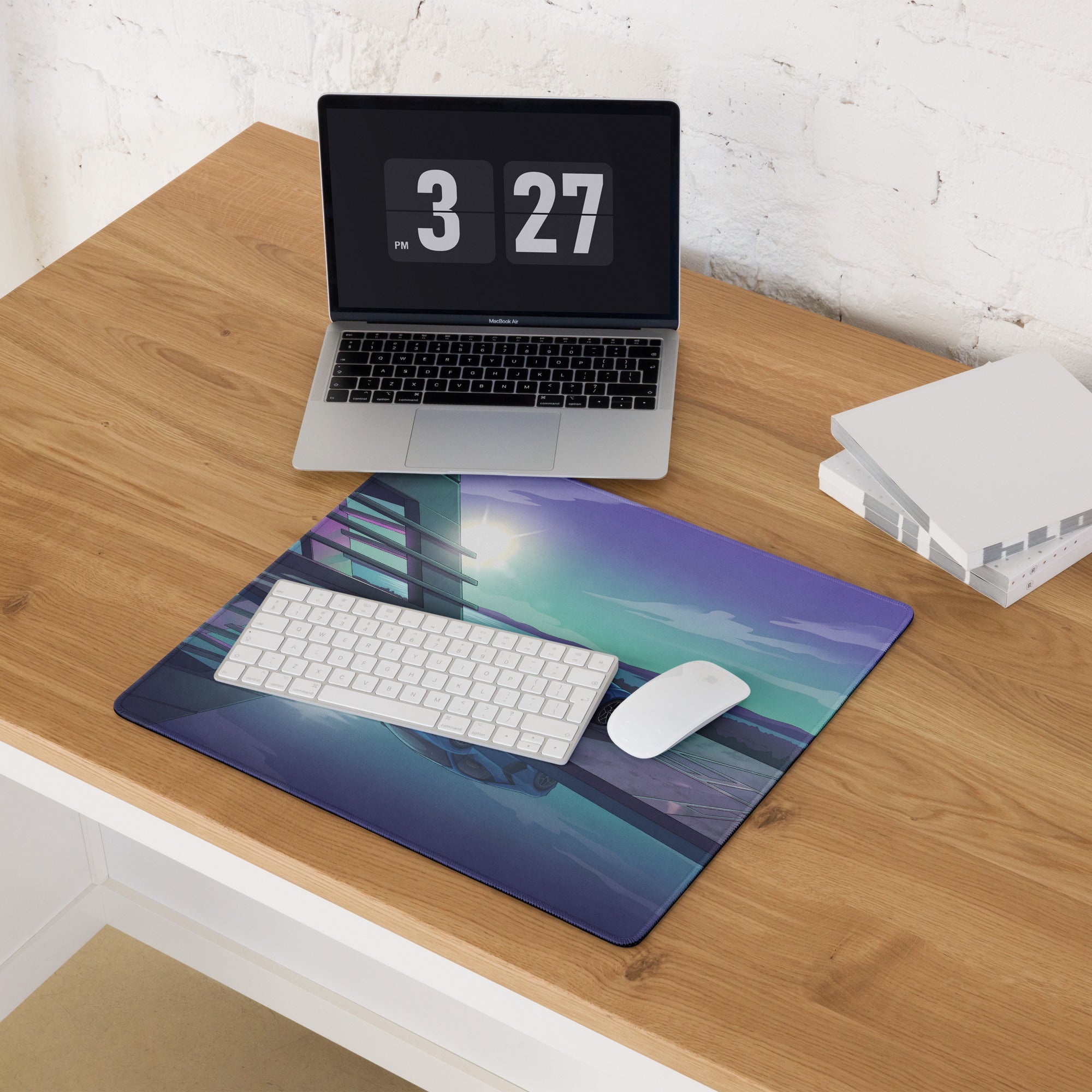 Lamborghini Revuelto Inspired Blue Purple Vaporwave Gaming Mouse Pad – Futuristic Coastal Architecture Desk Mat, Dreamy Synthwave Supercar Digital Art