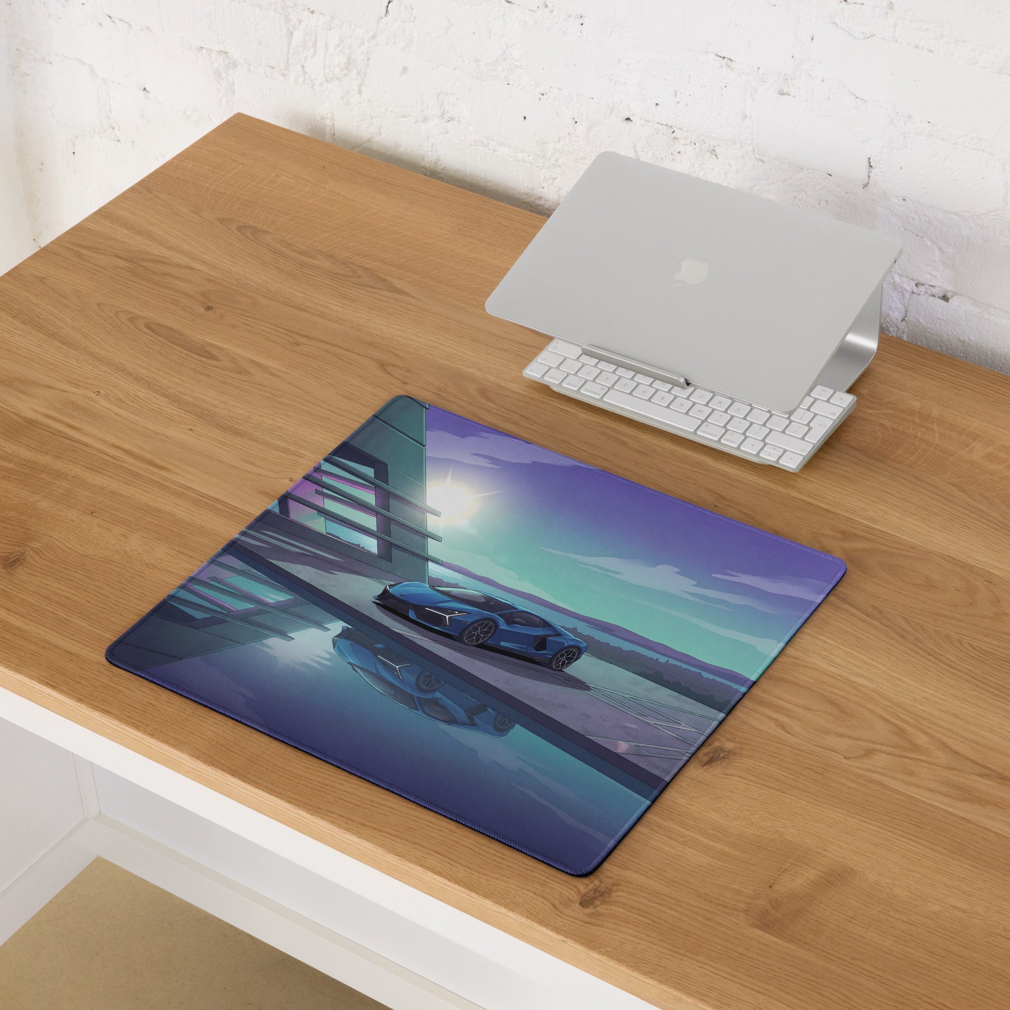 Lamborghini Revuelto Inspired Blue Purple Vaporwave Gaming Mouse Pad – Futuristic Coastal Architecture Desk Mat, Dreamy Synthwave Supercar Digital Art