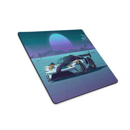 Ford GT Inspired White Teal Vaporwave Gaming Mouse Pad – Neon Retro Grid Sunset Desk Mat, Synthwave Supercar Digital Artwork, Futuristic Palm Tree Decor