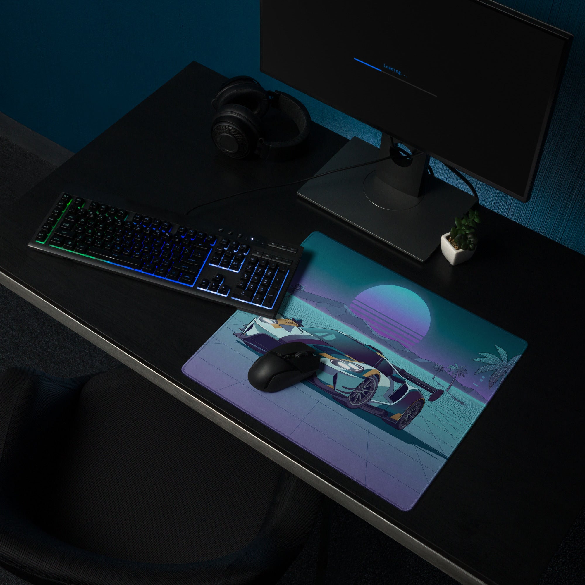 Ford GT Inspired White Teal Vaporwave Gaming Mouse Pad – Neon Retro Grid Sunset Desk Mat, Synthwave Supercar Digital Artwork, Futuristic Palm Tree Decor