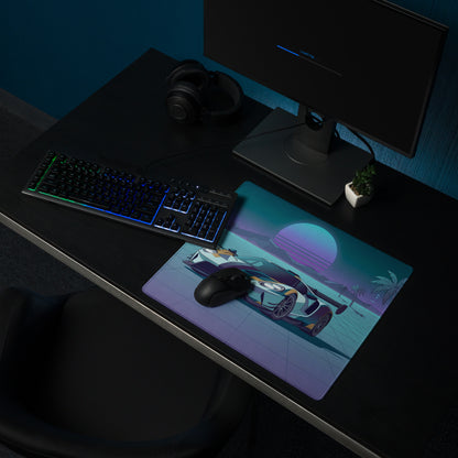 Ford GT Inspired White Teal Vaporwave Gaming Mouse Pad – Neon Retro Grid Sunset Desk Mat, Synthwave Supercar Digital Artwork, Futuristic Palm Tree Decor