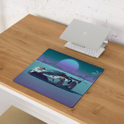 Ford GT Inspired White Teal Vaporwave Gaming Mouse Pad – Neon Retro Grid Sunset Desk Mat, Synthwave Supercar Digital Artwork, Futuristic Palm Tree Decor