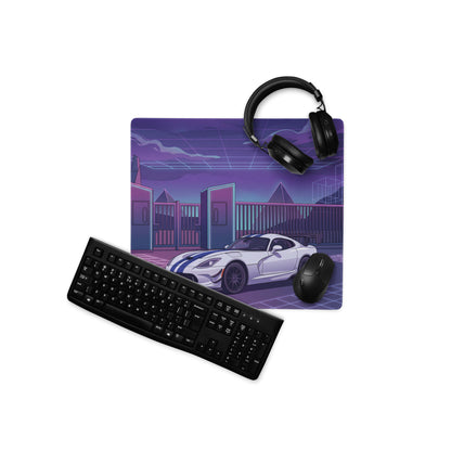 Dodge Viper ACR Inspired White Purple Vaporwave Gaming Mouse Pad – Neon Futuristic Raceway Desk Mat, Retro Synthwave Sports Car Digital Artwor
