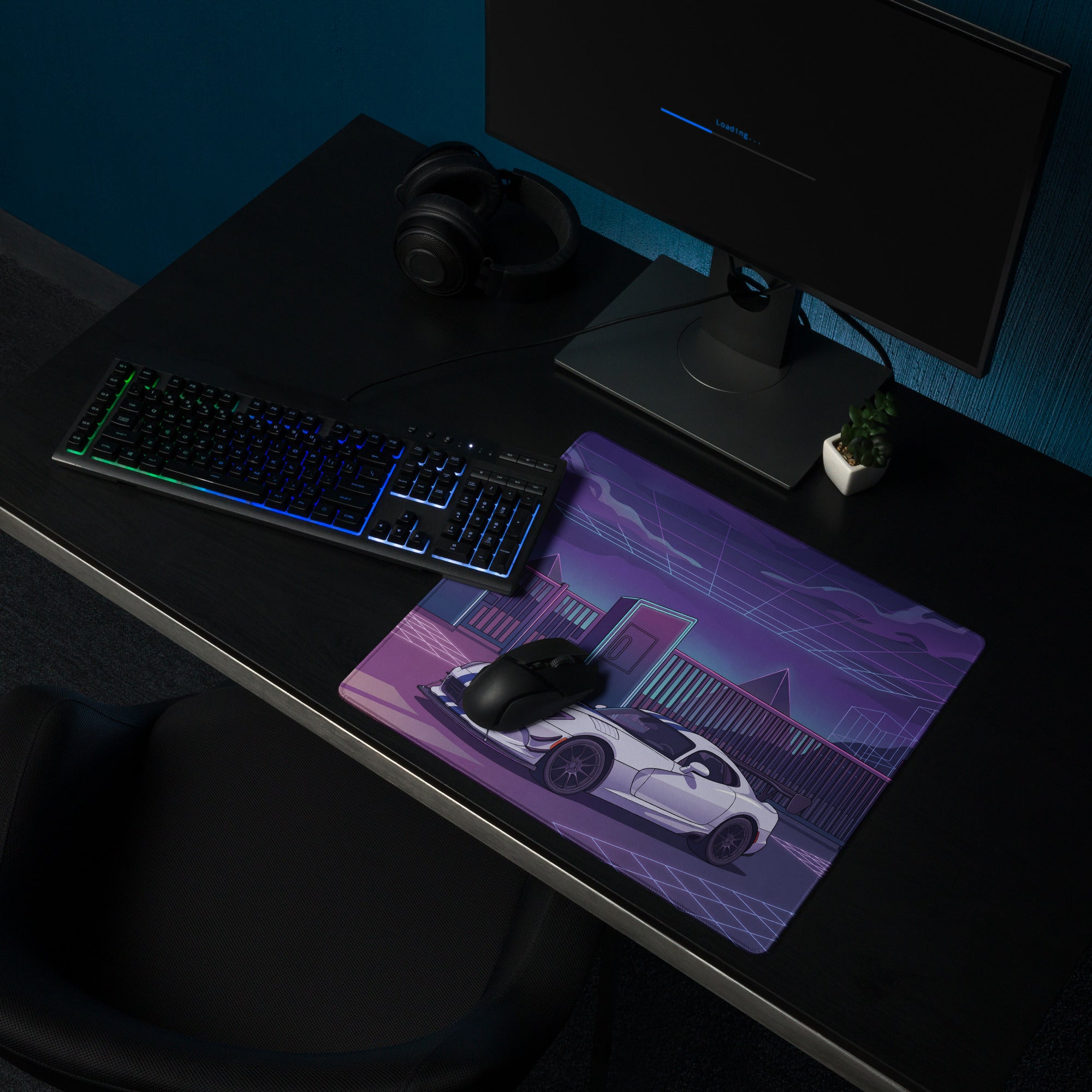 Dodge Viper ACR Inspired White Purple Vaporwave Gaming Mouse Pad – Neon Futuristic Raceway Desk Mat, Retro Synthwave Sports Car Digital Artwor