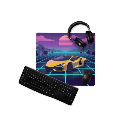 Lamborghini Revuelto Inspired Yellow Vaporwave Gaming Mouse Pad – Neon Grid Sunset Desk Mat, Retro Futuristic Synthwave Supercar Digital Art