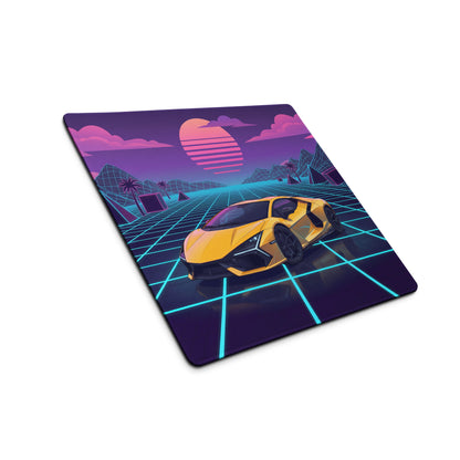 Lamborghini Revuelto Inspired Yellow Vaporwave Gaming Mouse Pad – Neon Grid Sunset Desk Mat, Retro Futuristic Synthwave Supercar Digital Art
