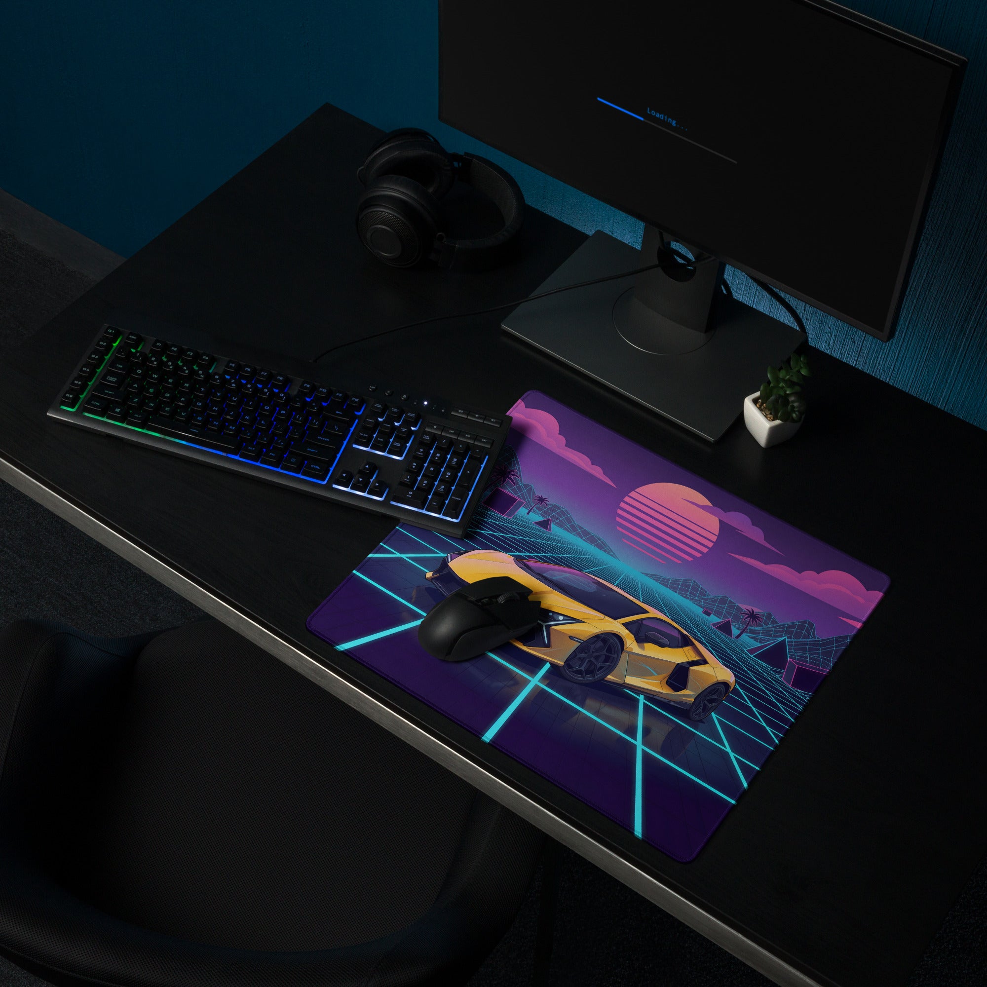 Lamborghini Revuelto Inspired Yellow Vaporwave Gaming Mouse Pad – Neon Grid Sunset Desk Mat, Retro Futuristic Synthwave Supercar Digital Art