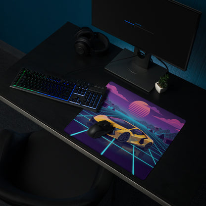 Lamborghini Revuelto Inspired Yellow Vaporwave Gaming Mouse Pad – Neon Grid Sunset Desk Mat, Retro Futuristic Synthwave Supercar Digital Art