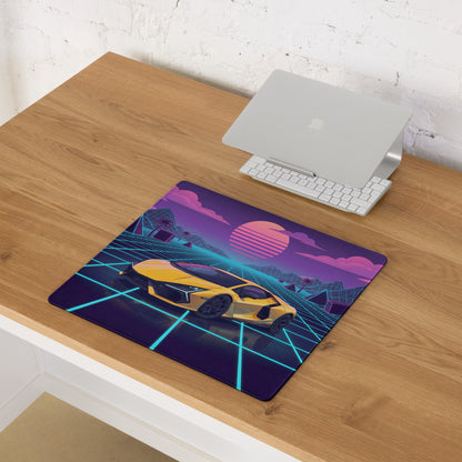 Lamborghini Revuelto Inspired Yellow Vaporwave Gaming Mouse Pad – Neon Grid Sunset Desk Mat, Retro Futuristic Synthwave Supercar Digital Art