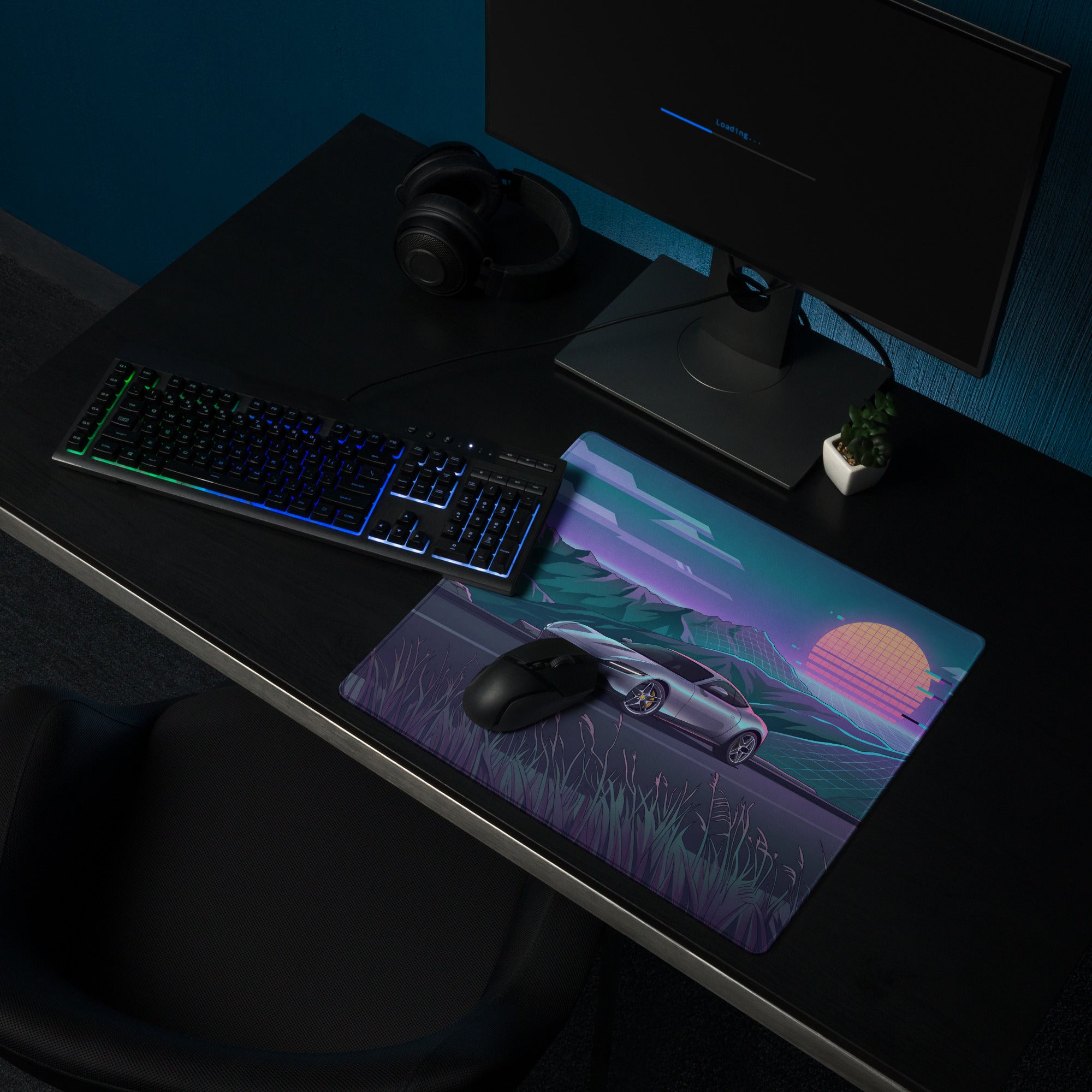 Ferrari Roma Inspired Silver Blue Vaporwave Gaming Mouse Pad – Neon Mountain Sunset Desk Mat, Retro Futuristic Synthwave Sports Car Digital Art