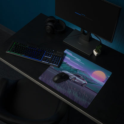 Ferrari Roma Inspired Silver Blue Vaporwave Gaming Mouse Pad – Neon Mountain Sunset Desk Mat, Retro Futuristic Synthwave Sports Car Digital Art