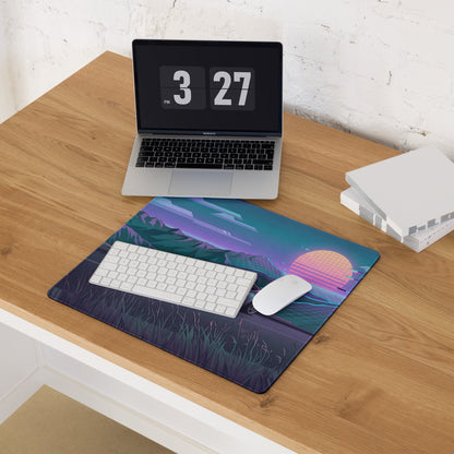 Ferrari Roma Inspired Silver Blue Vaporwave Gaming Mouse Pad – Neon Mountain Sunset Desk Mat, Retro Futuristic Synthwave Sports Car Digital Art