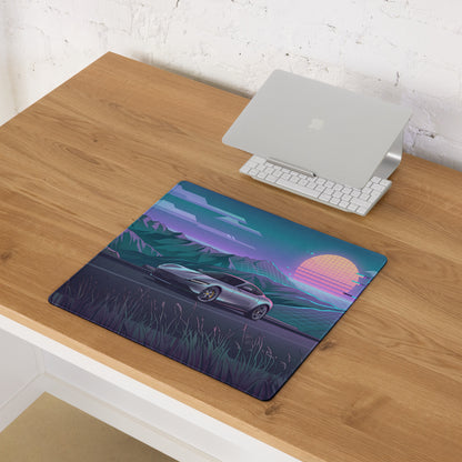Ferrari Roma Inspired Silver Blue Vaporwave Gaming Mouse Pad – Neon Mountain Sunset Desk Mat, Retro Futuristic Synthwave Sports Car Digital Art