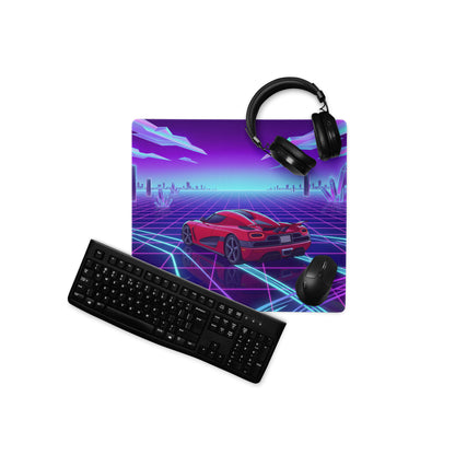 Koenigsegg Agera Inspired Red Vaporwave Gaming Mouse Pad – Neon Grid City Desk Mat, Retro Futuristic Synthwave Supercar Digital Artwork