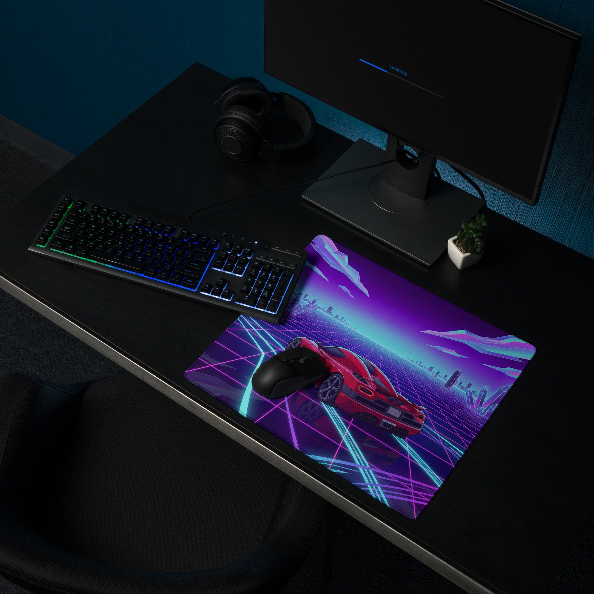 Koenigsegg Agera Inspired Red Vaporwave Gaming Mouse Pad – Neon Grid City Desk Mat, Retro Futuristic Synthwave Supercar Digital Artwork