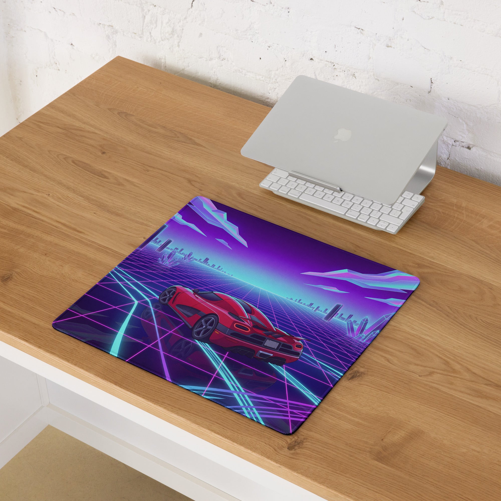 Koenigsegg Agera Inspired Red Vaporwave Gaming Mouse Pad – Neon Grid City Desk Mat, Retro Futuristic Synthwave Supercar Digital Artwork
