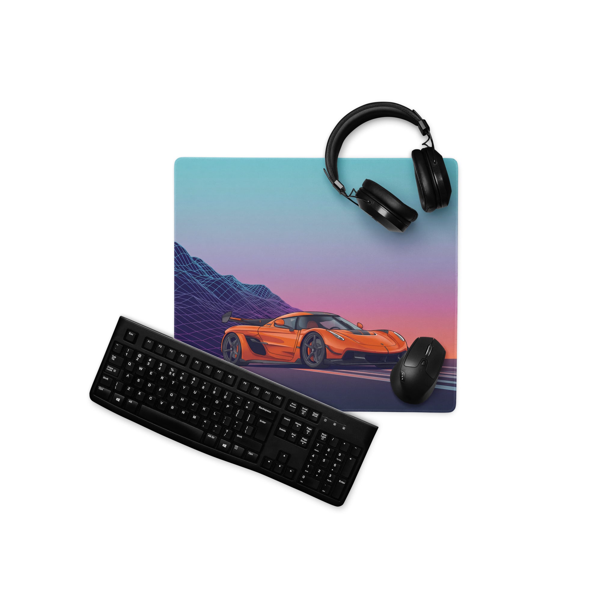 Koenigsegg Jesko Inspired Orange Vaporwave Gaming Mouse Pad – Neon Mountain Sunset Desk Mat, Retro Futuristic Hypercar Digital Artwork