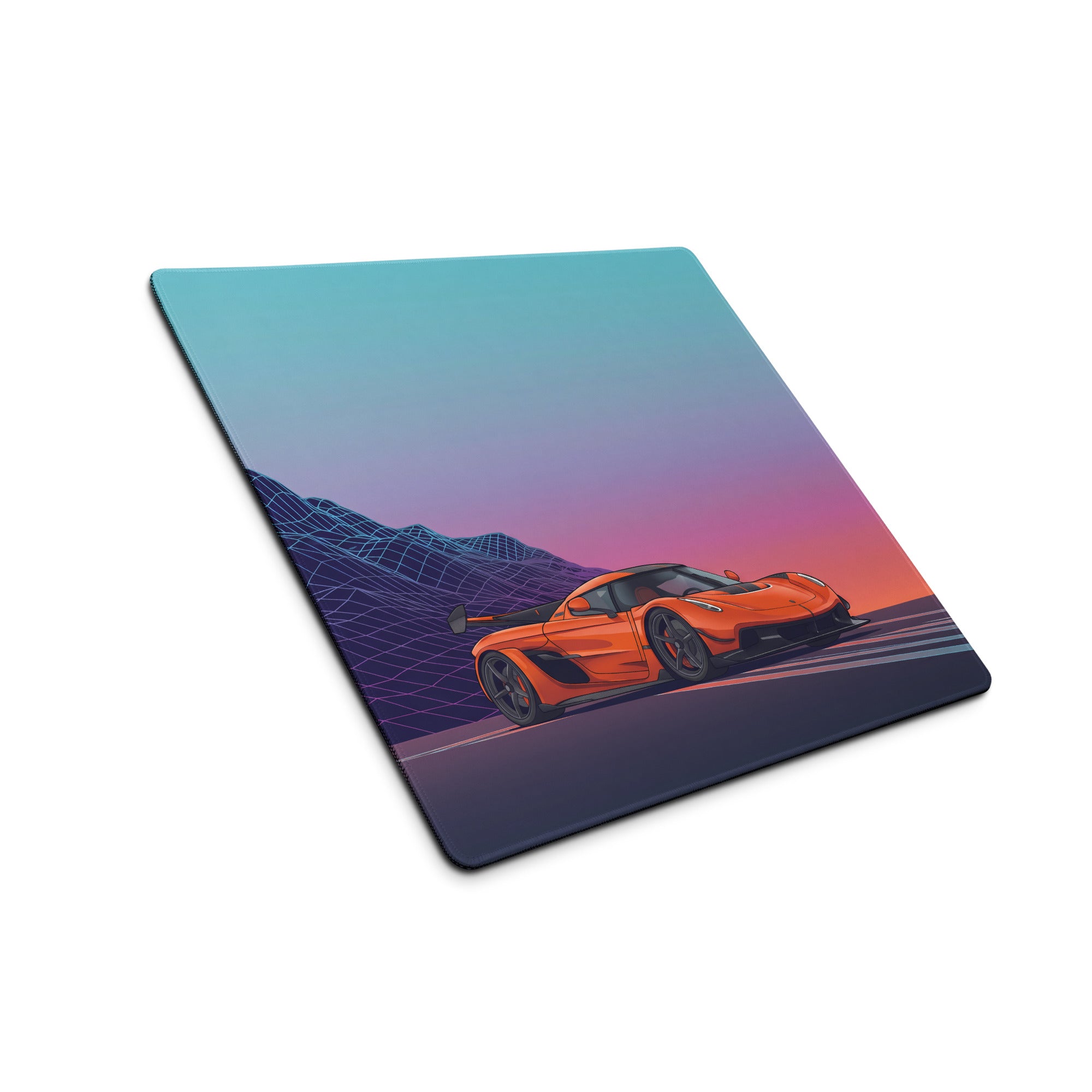 Koenigsegg Jesko Inspired Orange Vaporwave Gaming Mouse Pad – Neon Mountain Sunset Desk Mat, Retro Futuristic Hypercar Digital Artwork