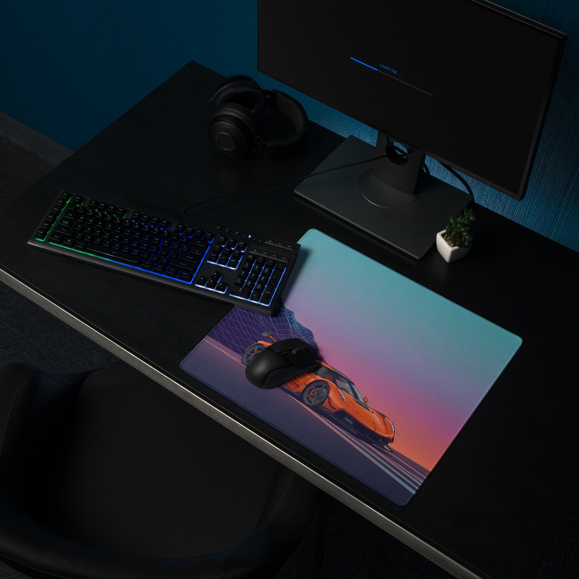 Koenigsegg Jesko Inspired Orange Vaporwave Gaming Mouse Pad – Neon Mountain Sunset Desk Mat, Retro Futuristic Hypercar Digital Artwork