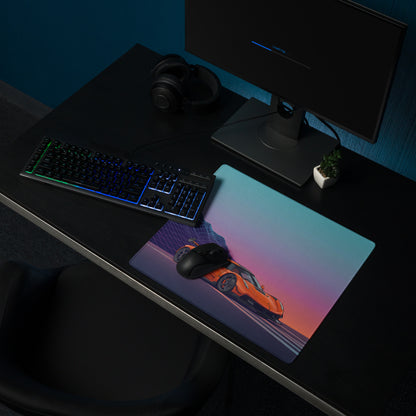 Koenigsegg Jesko Inspired Orange Vaporwave Gaming Mouse Pad – Neon Mountain Sunset Desk Mat, Retro Futuristic Hypercar Digital Artwork