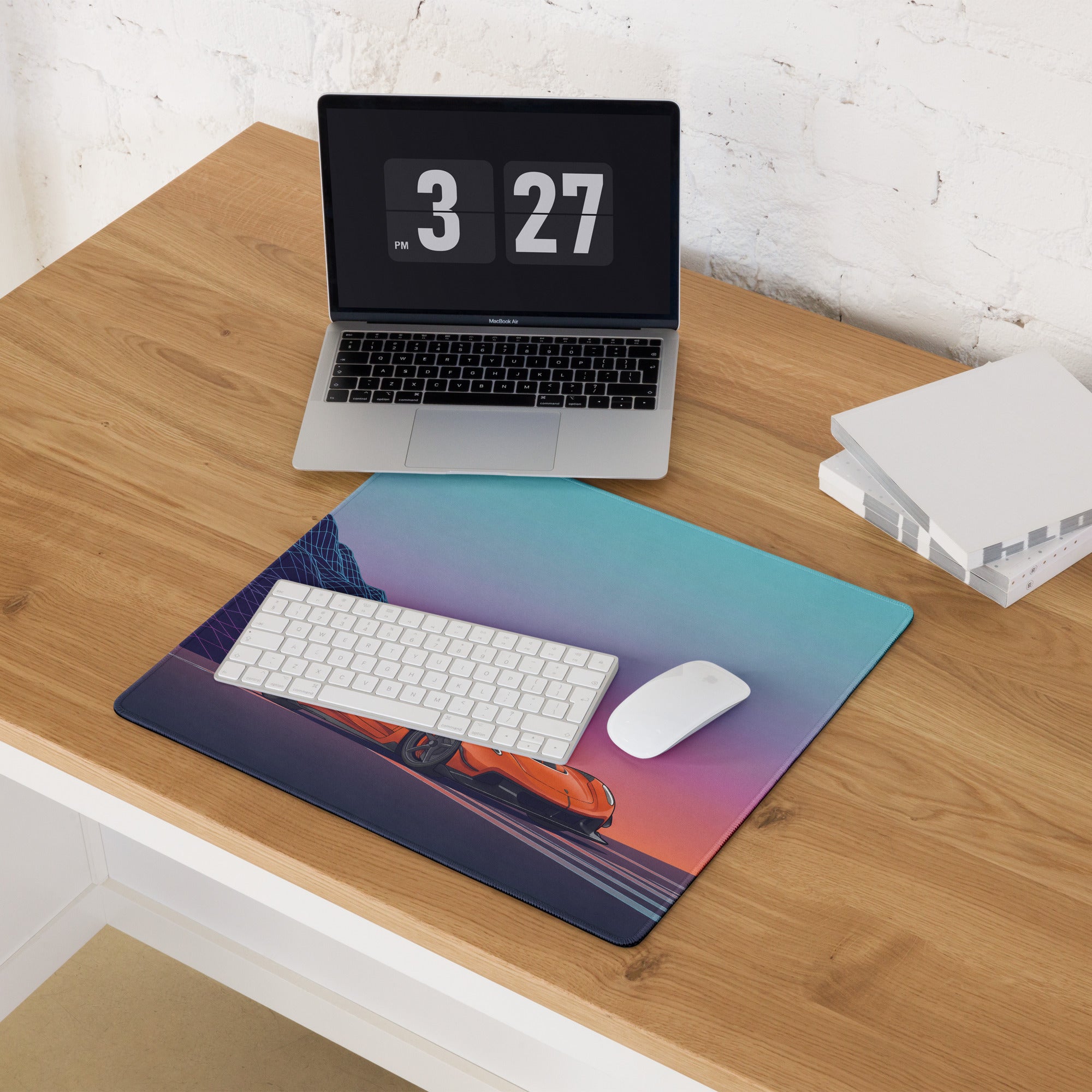 Koenigsegg Jesko Inspired Orange Vaporwave Gaming Mouse Pad – Neon Mountain Sunset Desk Mat, Retro Futuristic Hypercar Digital Artwork