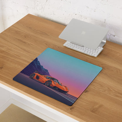 Koenigsegg Jesko Inspired Orange Vaporwave Gaming Mouse Pad – Neon Mountain Sunset Desk Mat, Retro Futuristic Hypercar Digital Artwork