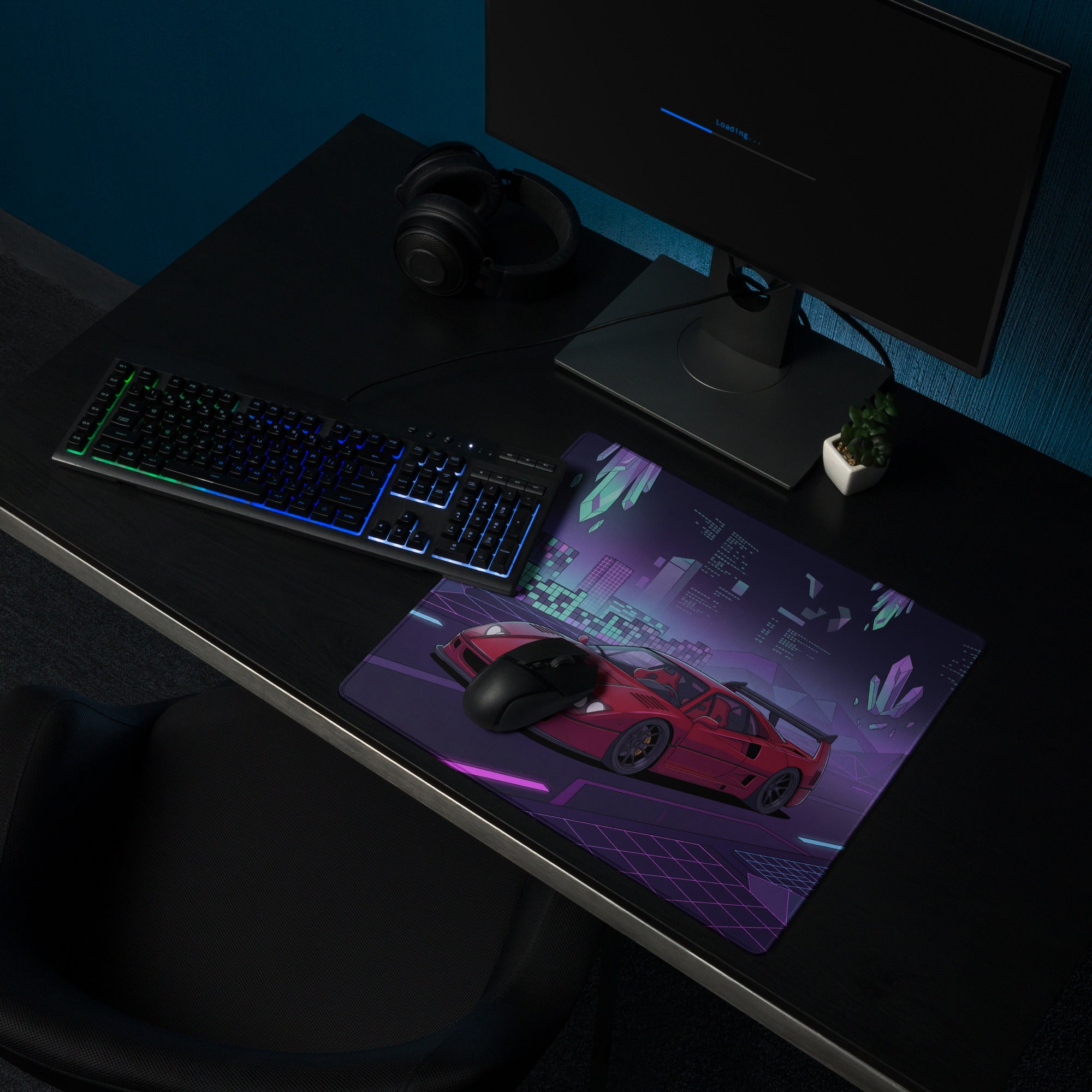 Ferrari F40 LM Inspired Red Purple Vaporwave Gaming Mouse Pad – Neon Cyber City Desk Mat, Retro Futuristic Synthwave Supercar Digital Artwork