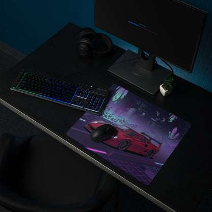 Ferrari F40 LM Inspired Red Purple Vaporwave Gaming Mouse Pad – Neon Cyber City Desk Mat, Retro Futuristic Synthwave Supercar Digital Artwork