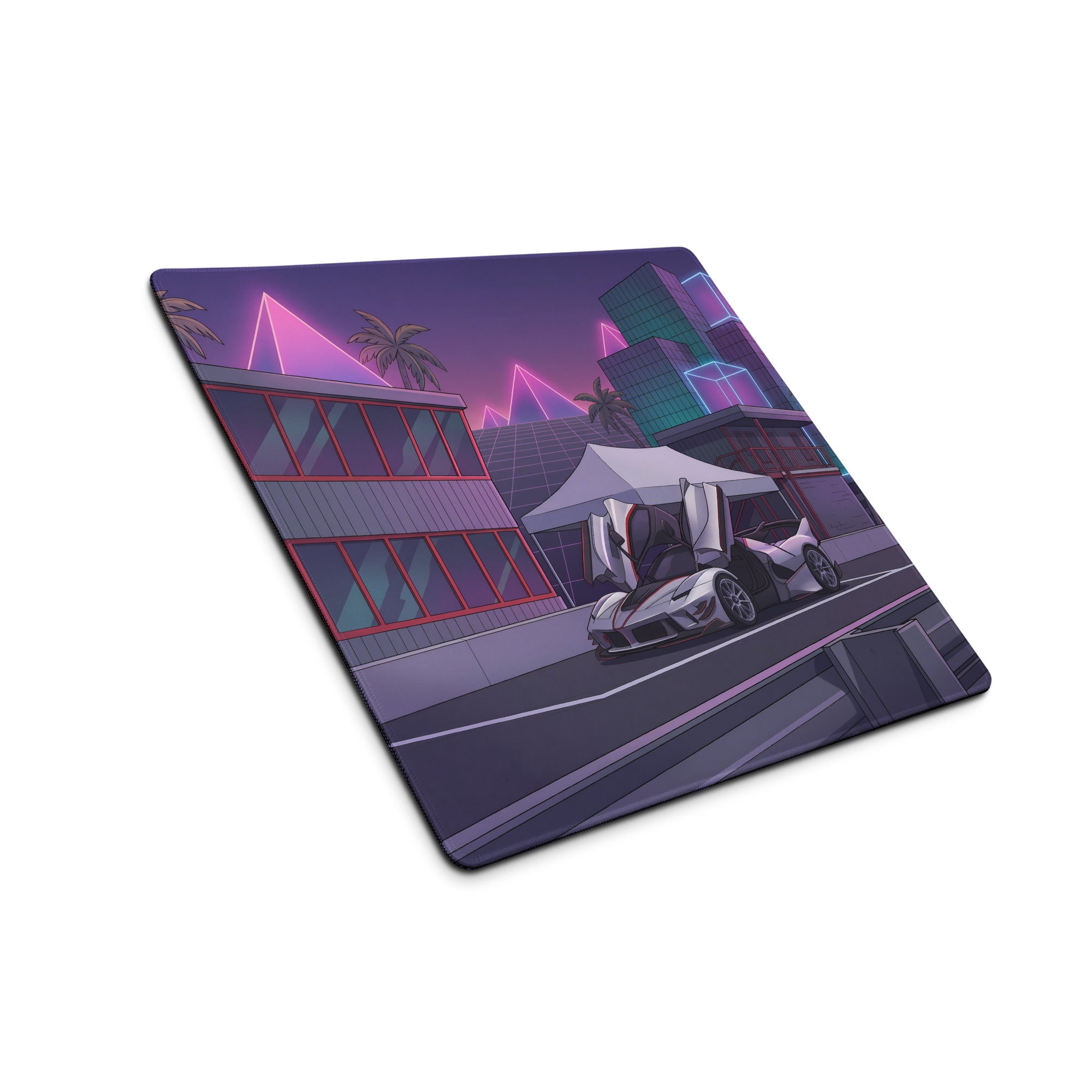 Ferrari FXX-K Evo Inspired White Purple Vaporwave Gaming Mouse Pad – Neon City Raceway Desk Mat, Futuristic Synthwave Hypercar Digital Artwork