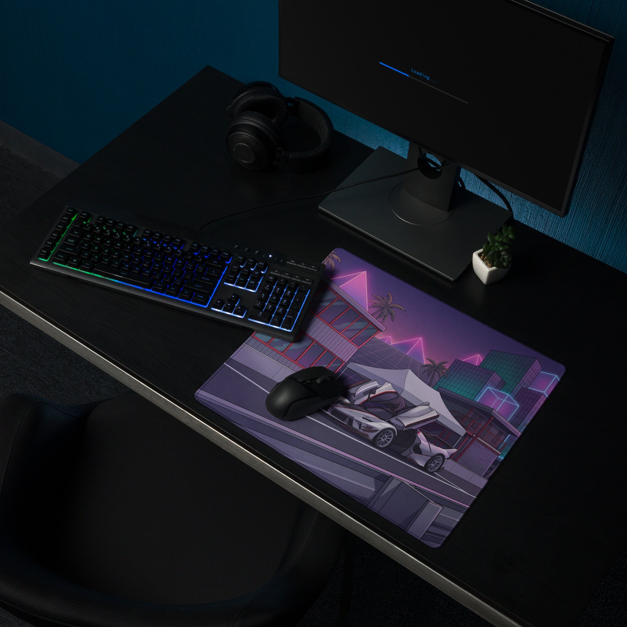 Ferrari FXX-K Evo Inspired White Purple Vaporwave Gaming Mouse Pad – Neon City Raceway Desk Mat, Futuristic Synthwave Hypercar Digital Artwork
