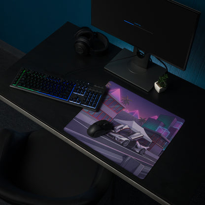 Ferrari FXX-K Evo Inspired White Purple Vaporwave Gaming Mouse Pad – Neon City Raceway Desk Mat, Futuristic Synthwave Hypercar Digital Artwork