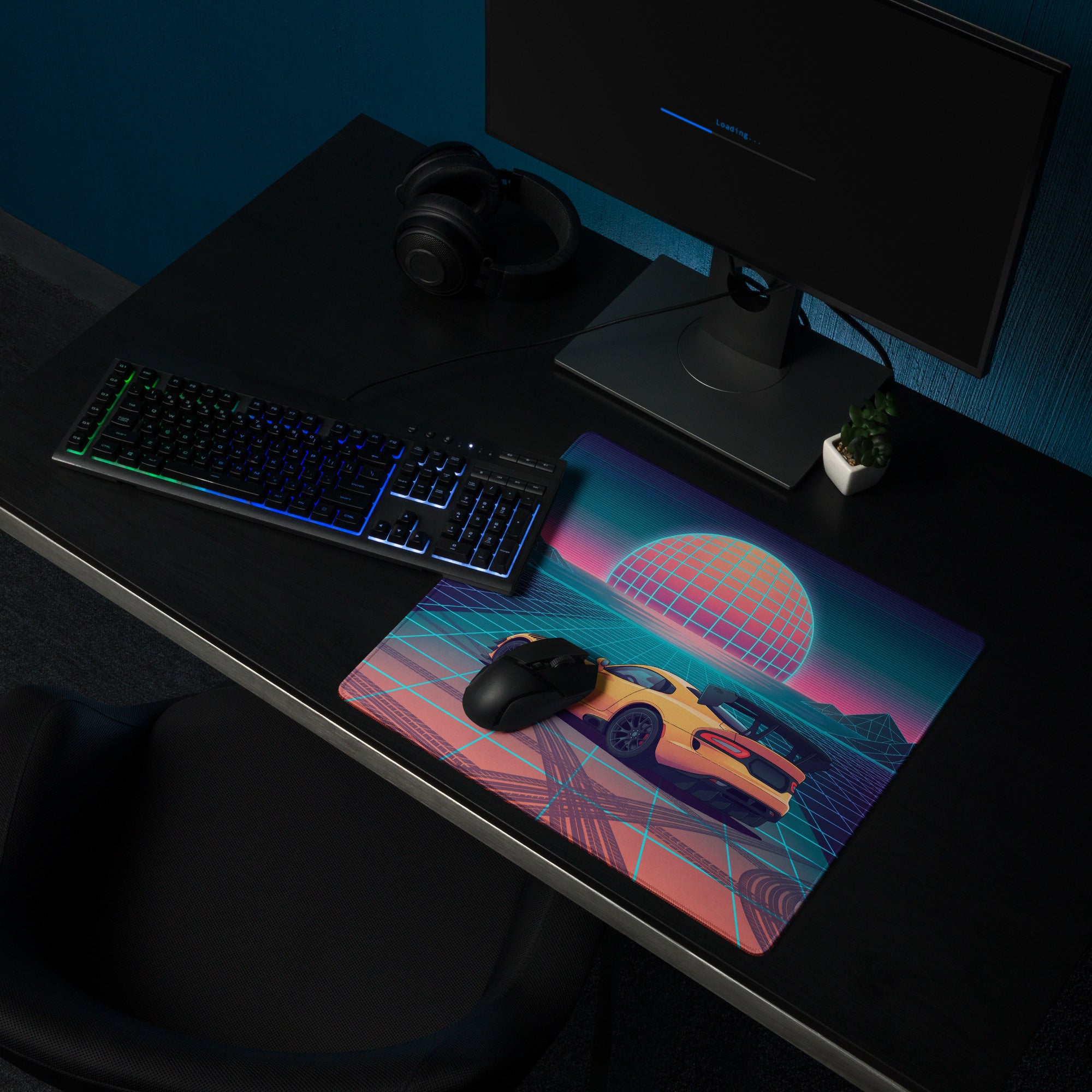 Dodge Viper ACR Inspired Orange Vaporwave Gaming Mouse Pad – Neon Grid Sunset Desk Mat, Retro Futuristic Synthwave Supercar Digital Artwork