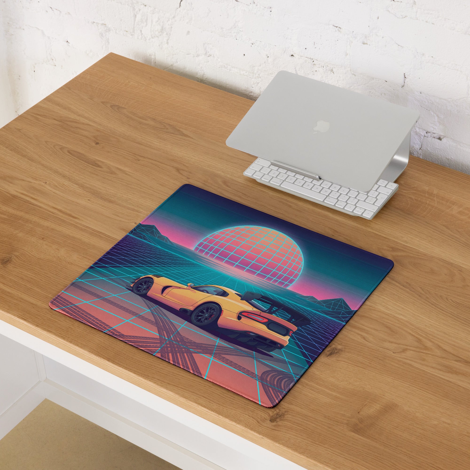 Dodge Viper ACR Inspired Orange Vaporwave Gaming Mouse Pad – Neon Grid Sunset Desk Mat, Retro Futuristic Synthwave Supercar Digital Artwork