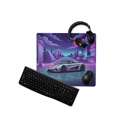 Koenigsegg Regera Inspired Silver Purple Vaporwave Gaming Mouse Pad – Neon Cyber City Desk Mat, Retro Futuristic Synthwave Hypercar Digital Artwork