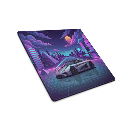 Koenigsegg Regera Inspired Silver Purple Vaporwave Gaming Mouse Pad – Neon Cyber City Desk Mat, Retro Futuristic Synthwave Hypercar Digital Artwork