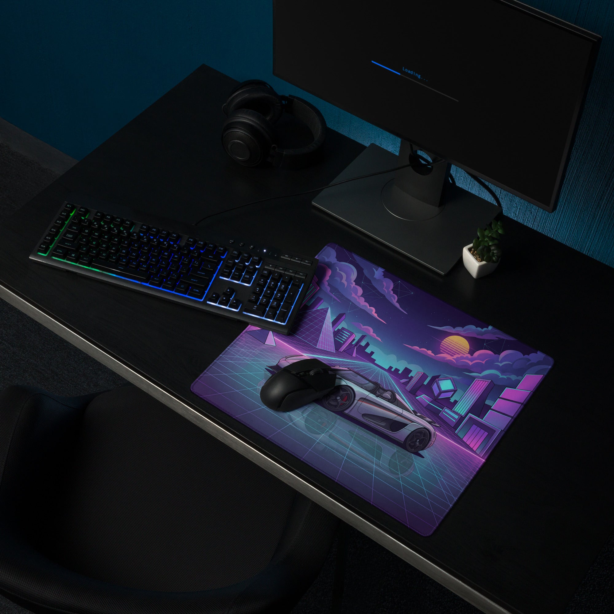 Koenigsegg Regera Inspired Silver Purple Vaporwave Gaming Mouse Pad – Neon Cyber City Desk Mat, Retro Futuristic Synthwave Hypercar Digital Artwork